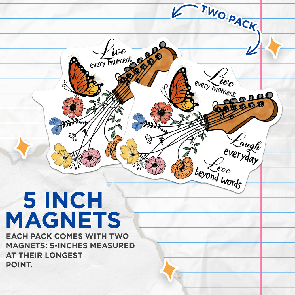 (2 Pack) Live Laugh Love Magnets - Butterfly Guitar Floral Art - Inspirational Music Lover Decor - 5 Inches On Longest Side - Thick Durable Magnet - Made in USA - MAG36127