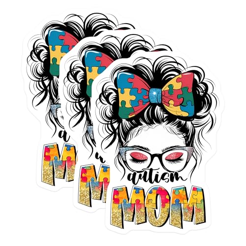 (3 Pack) Autism Mom Decals - Puzzle Piece Awareness - Messy Bun Laptop Decal - 3 Inches On Longest Side - Easy Peel & Apply - Made in USA - 3MCS8460