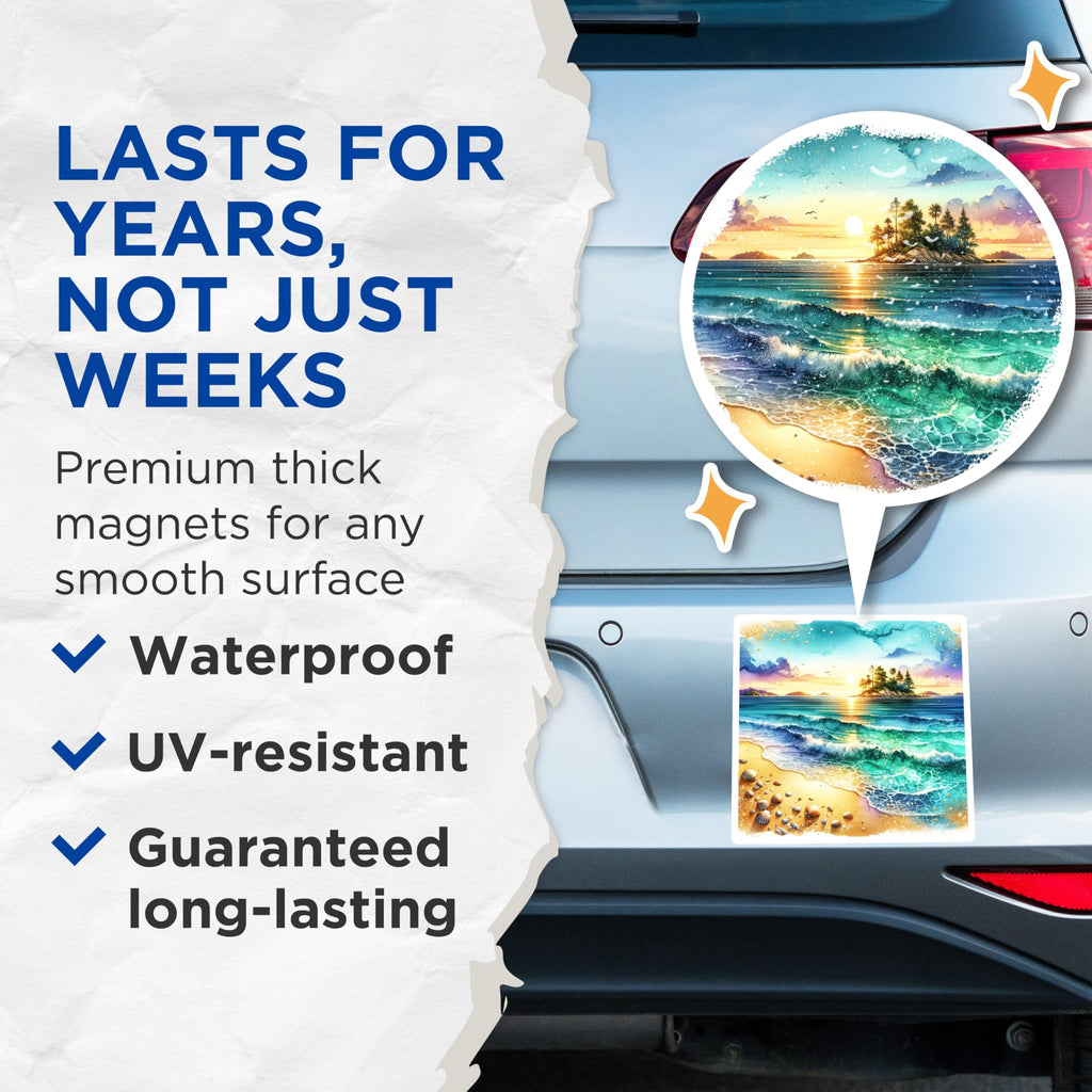 (2 Pack) Watercolor Beach Magnets - Ocean Sunset Decor - Tropical Island Scene - 5 Inches On Longest Side - Thick Durable Magnet - Made in USA - MAG28396