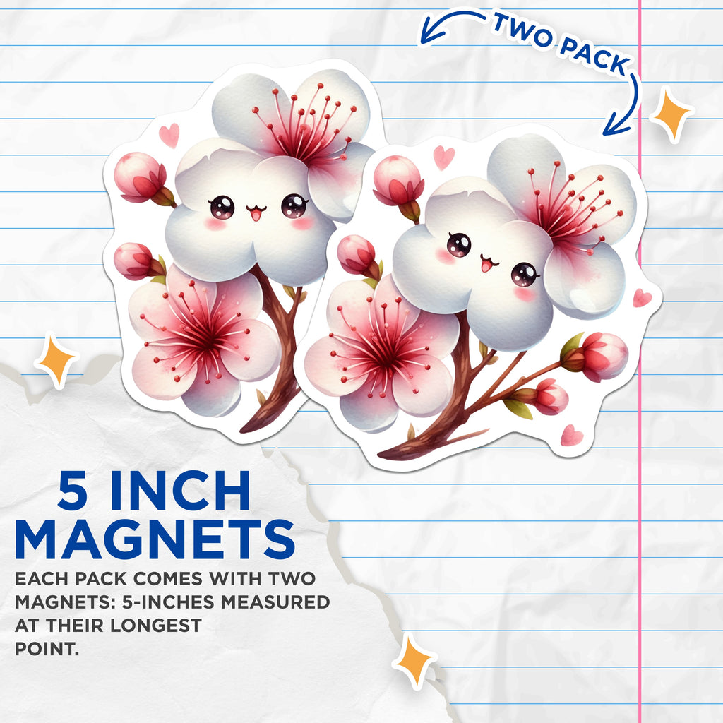 (2 Pack) Kawaii Sakura Magnets - Cute Flower Decor - Fridge Locker Accents - 5 Inches On Longest Side - Thick Durable Magnet - Made in USA - MAG38232