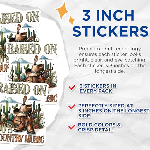 (3 Pack) Country Music Decals - 90s Raised - Cowboy Boots - Guitar Laptop Decal - 3 Inches On Longest Side - Easy Peel & Apply - Made in USA - 3MCS1938