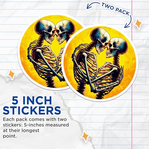 (2 Pack) Skeletons in Love Stickers - Halloween Skeleton Sticker - Romantic Skeleton Design - 5" On Longest Side - Sticks to Smooth Flat Surfaces - Made in USA - BMCS7120