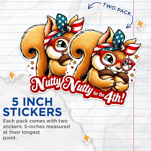 (2 Pack) Nutty for The 4th Stickers - Patriotic Squirrel Stickers - Independence Day Decor - 5" On Longest Side - Sticks to Any Smooth Flat Surface - Made in USA - BMCS2708