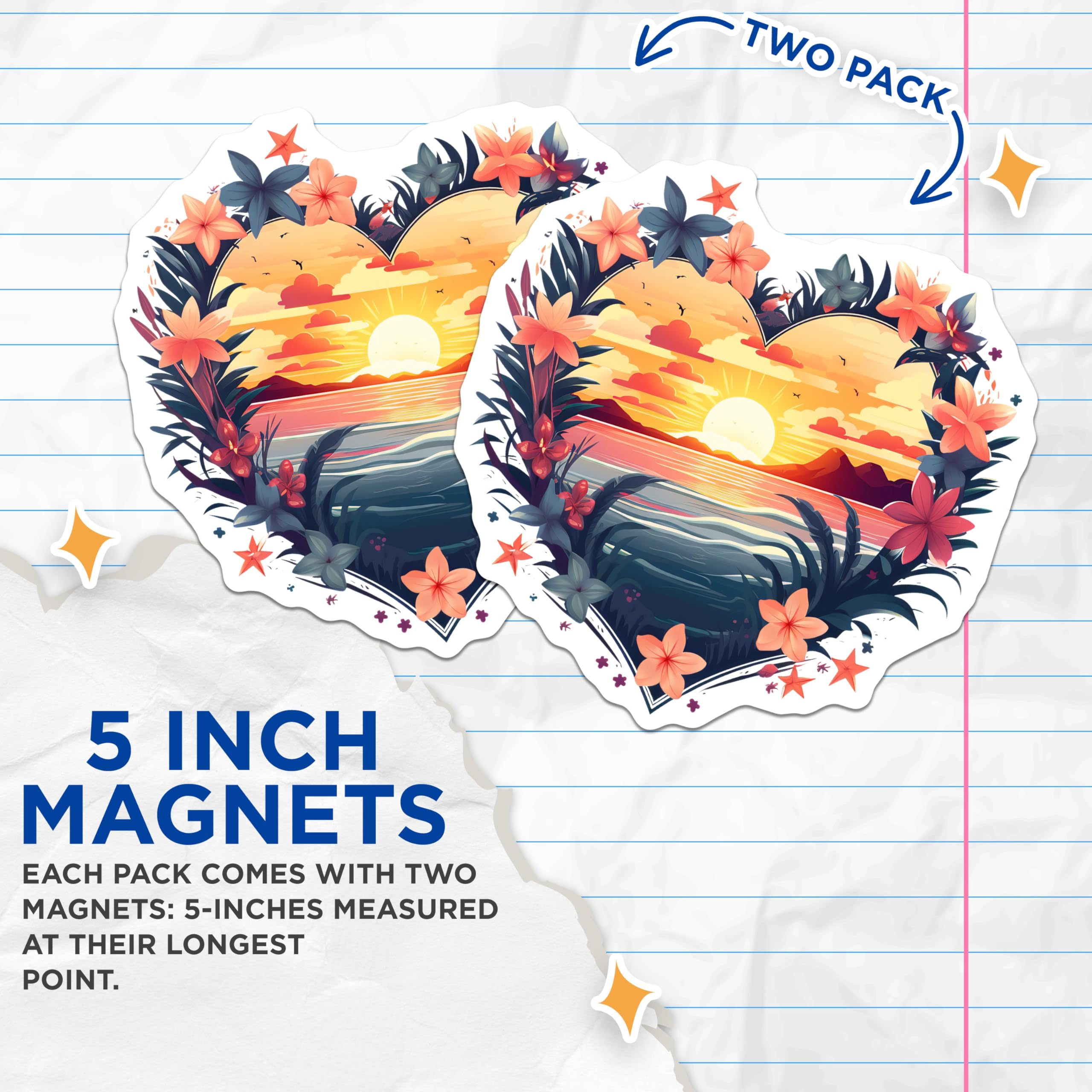 (2 Pack) Tropical Sunset Ocean Scene Magnets - Heart Shaped Floral Jungle Decor - Vibrant Beach Paradise Landscape Art - 5 Inches On Longest Side - Thick Durable Magnet - Made in USA - MAG19645