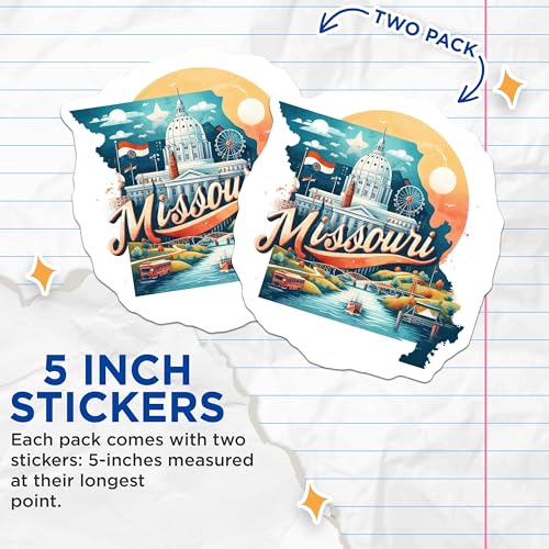 (2 Pack) Missouri State Illustration Stickers - Travel Souvenir Stickers - State Capitol Stickers - 5" On Longest Side - Sticks to Smooth Flat Surfaces - Made in USA - BMCS5172