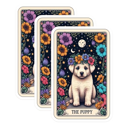 (3 Pack) Puppy Tarot Card Decals - Floral Crown Dog - Cute Laptop Decal - 3 Inches On Longest Side - Easy Peel & Apply - Made in USA - 3MCS4251