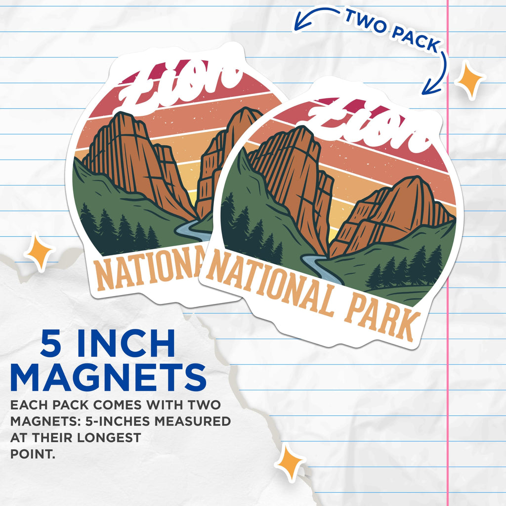 (2 Pack) Zion National Park Magnets - Retro Park Decor - Mountain Landscape Souvenir - 5" On Longest Side - Premium Magnet - for Cars, Refrigerators, Toolboxes, Lockers - Made in USA - MAG18933
