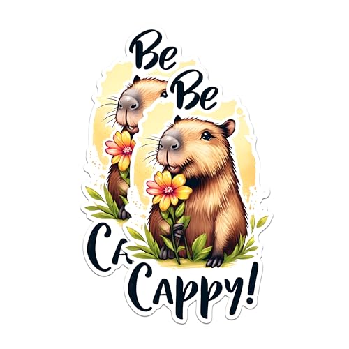 (2 Pack) Capybara Be Happy Stickers - Cute Animal Stickers - Inspirational Quote Stickers - 5" On Longest Side - Sticks to Any Smooth Flat Surface - Made in USA - BMCS2671