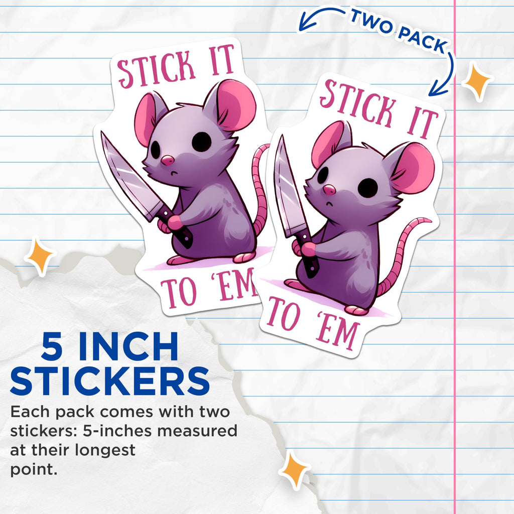 (2 Pack) Stick It to Em Mouse Stickers - Cute Rat with Knife - Motivational Animal Decal - 5" On Longest Side - Sticks to Smooth Flat Surfaces - Made in USA - BMCS9689