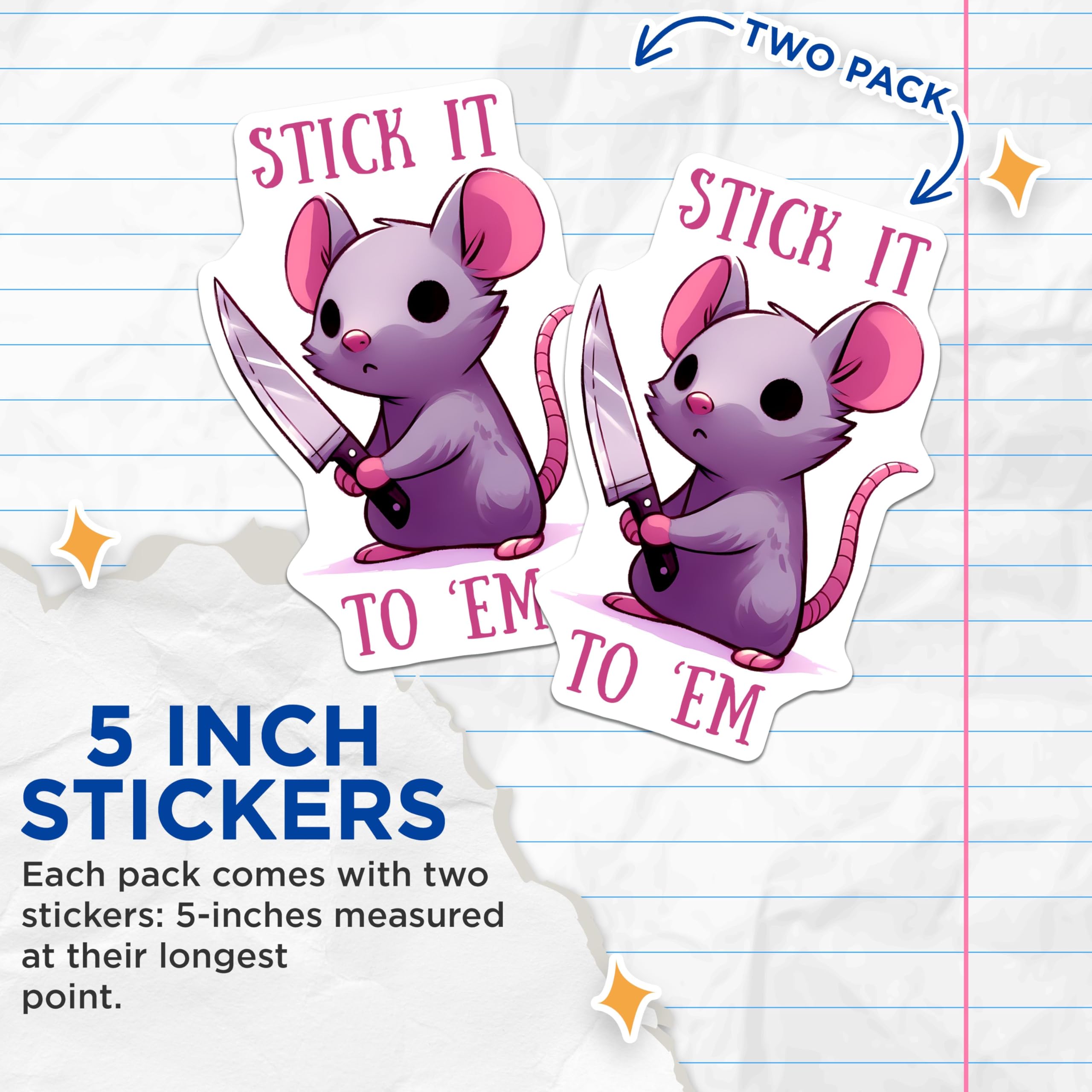 (2 Pack) Stick It to Em Mouse Stickers - Cute Rat with Knife - Motivational Animal Decal - 5" On Longest Side - Sticks to Smooth Flat Surfaces - Made in USA - BMCS9689