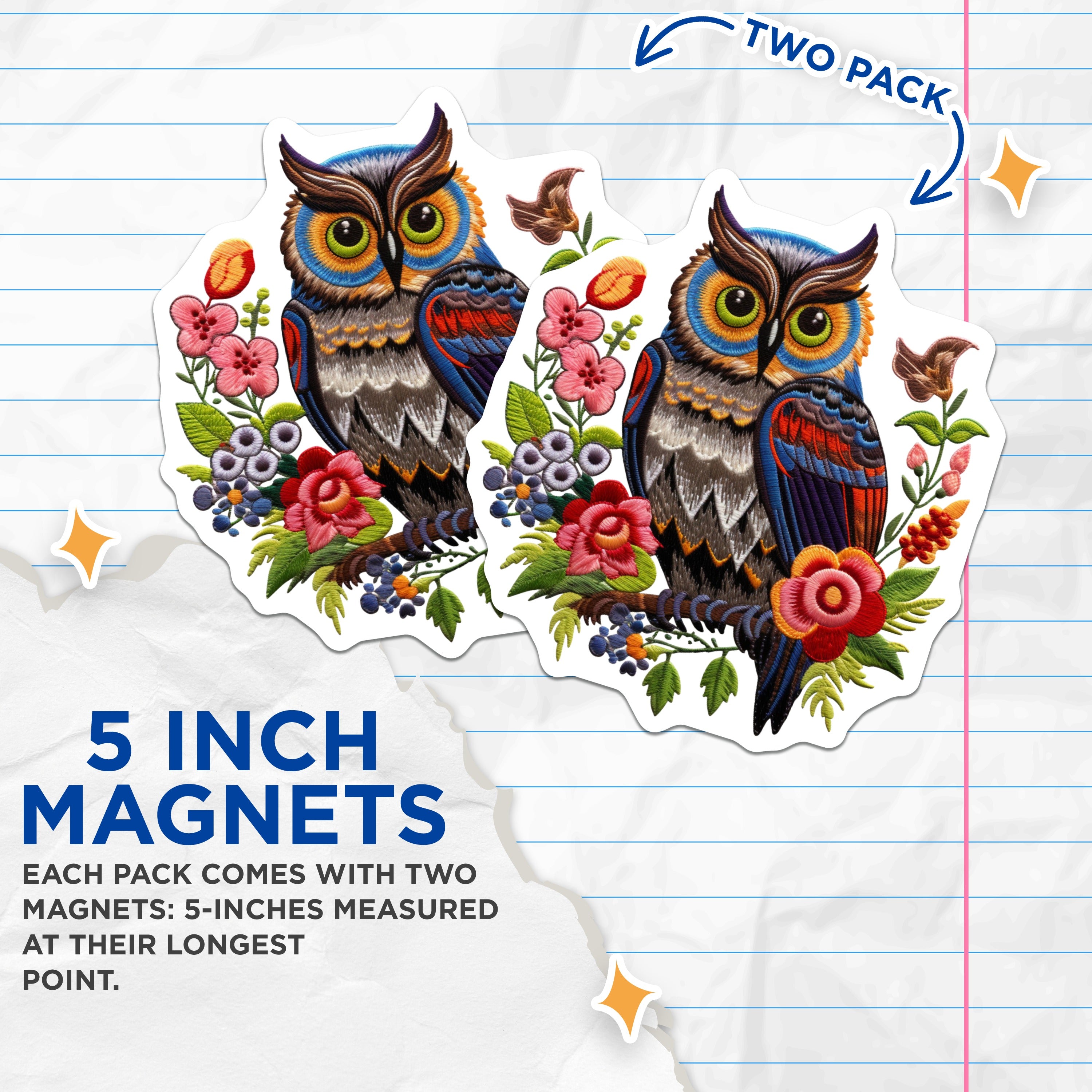 (2 Pack) Folk Art Owl Magnets - Bohemian Embroidered Look Refrigerator Decor - Woodland Animal Kitchen Locker Magnets - 5 Inches On Longest Side - Thick Durable Magnet - Made in USA - MAG37905
