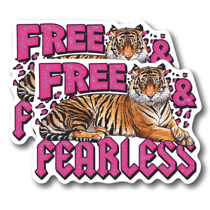 (2 Pack) Free & Fearless - Cool Retro Tiger Stickers - 5" On Longest Side - for Car, Truck, SUV - Easy Peel and Stick Vinyl Decals - Made in USA - BMCS0105