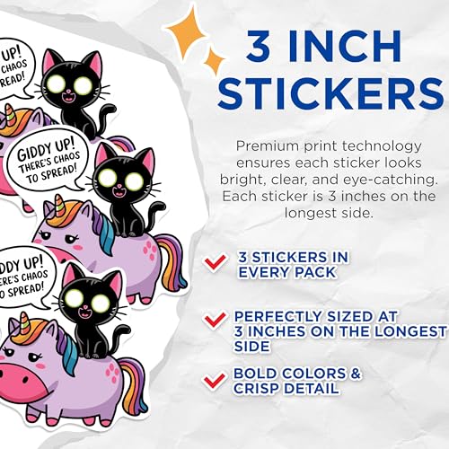 (3 Pack) Cat Riding Unicorn Decals - Funny Animal Stickers - Laptop Car Decal - 3 Inches On Longest Side - Easy Peel & Apply - Made in USA - 3MCS0972
