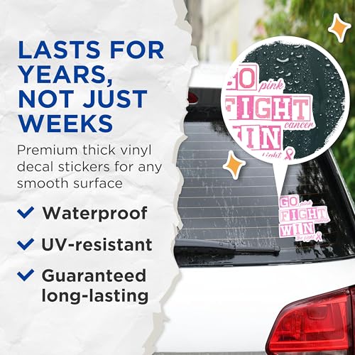 (2 Packs) Go Pink Fight Cancer Win The Fight Stickers - Breast Cancer Awareness Decals - 5 Inches On Longest Side - Premium Vinyl Decal - Sticks to Any Smooth Flat Surface - Made in USA - BMCS2448