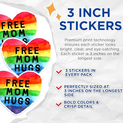 (3 Pack) Free Mom Hugs Decals - Rainbow Heart Decal - LGBTQ Pride Decal - 3 Inches On Longest Side - Easy Peel & Apply - Made in USA - 3MCS0578
