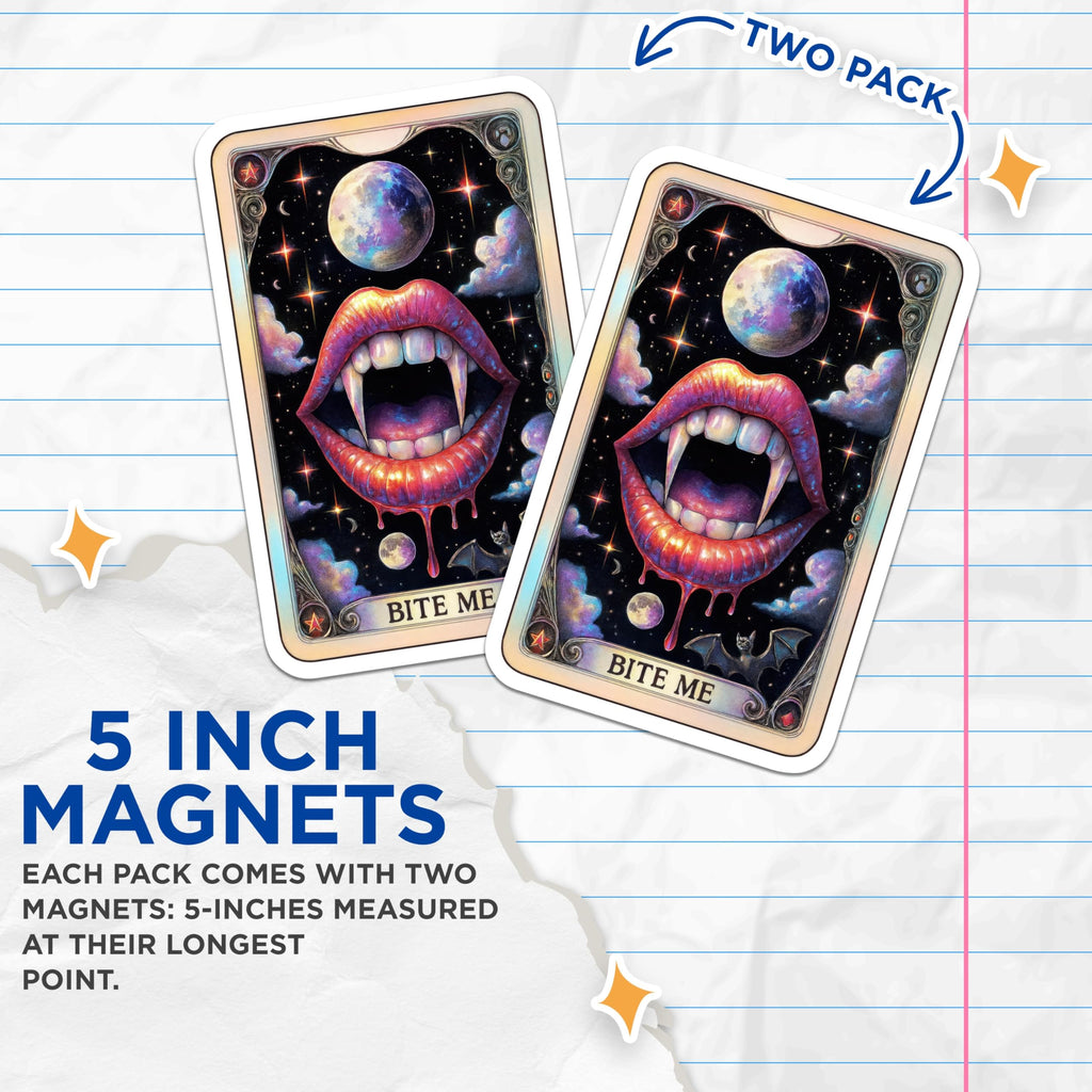 (2 Pack) Vampire Fangs Lips Magnets - Gothic Night Sky Art - 'Bite Me' Statement Decor - Celestial Bat Dracula Scene - 5 Inches On Longest Side - Thick Durable Magnet - Made in USA - MAG20900