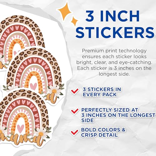 (3 Pack) Mama Rainbow Decals - Leopard Print - Boho Rainbow Decals - 3 Inches On Longest Side - Easy Peel & Apply - Made in USA - 3MCS7237
