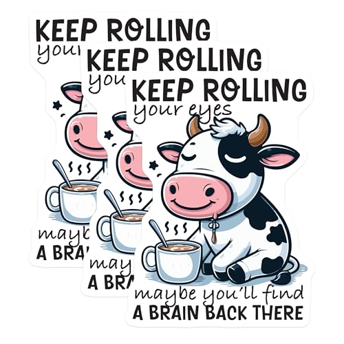 (3 Pack) Funny Cow Decals - Sarcastic Humor Sticker - Rolling Eyes Laptop Decal - 3 Inches On Longest Side - Easy Peel & Apply - Made in USA - 3MCS4778