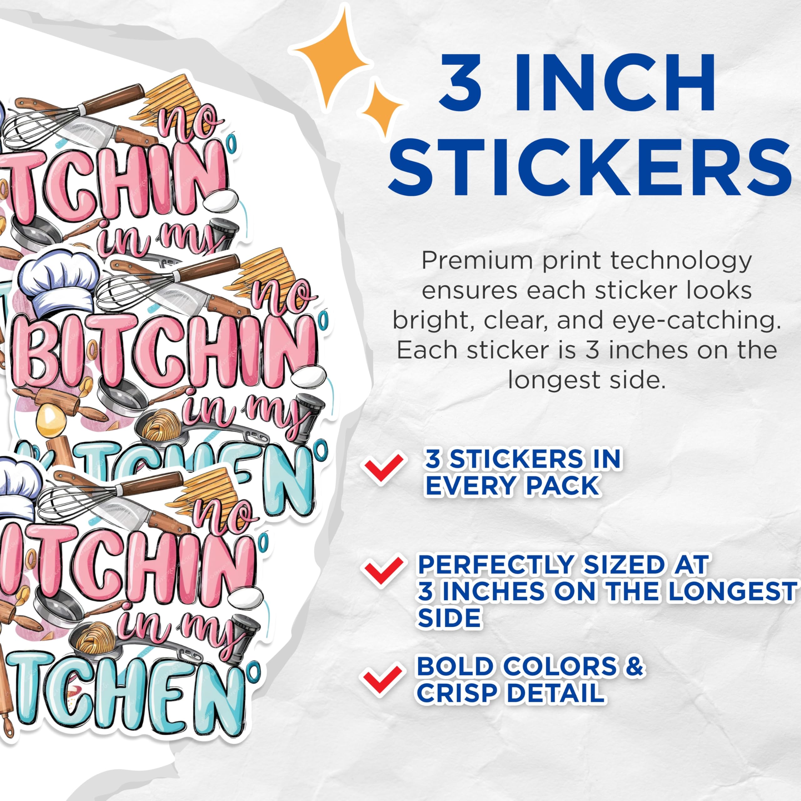 (3 Pack) No Bitchin in My Kitchen Decals - Funny Kitchen Sticker - Chef Humor Decal - 3 Inches On Longest Side - Easy Peel & Apply - Made in USA - 3MCS1802