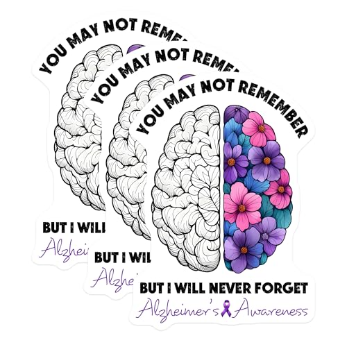 (3 Pack) Alzheimers Awareness Decals - Brain with Flowers - Never Forget Stickers - 3 Inches On Longest Side - Easy Peel & Apply - Made in USA - 3MCS8558